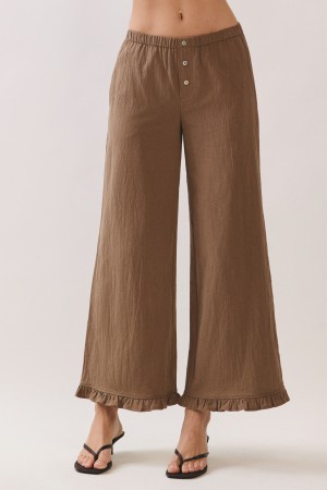 MB3351-1<br/>Textured Linen Wide Leg Pants with Ruffle Hem