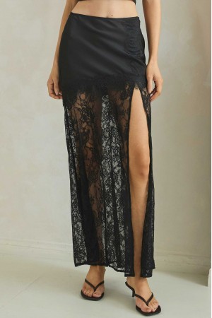 MB3608<br/>Satin and Lace Slit Front Maxi Skirt