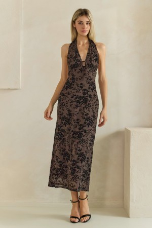 MD3012-1<br/>Flocked Floral Mesh Halter Midi Dress