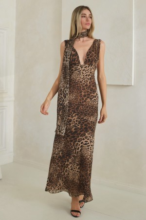 MD3556<br/>Leopard Print Chiffon Scarf Maxi Dress