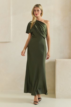 MD3641<br/>One Shoulder Draped Satin Maxi Dress