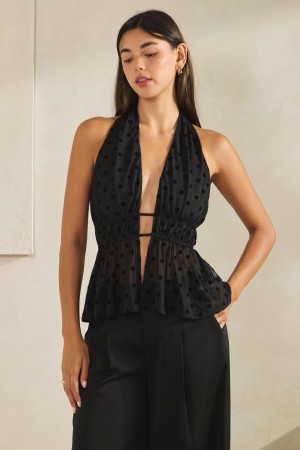 MT3031<br/>Flocked Polka Dot Mesh Halter Peplum Top