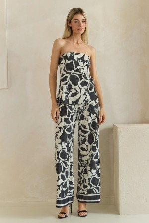 MTB3310-2<br/>Printed Woven Strapless Top and Wide Leg Pants Set